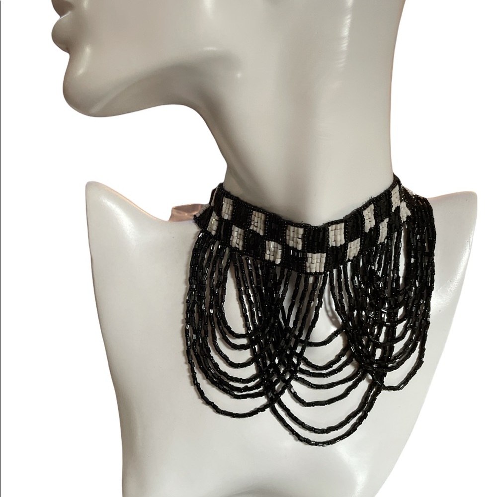Choker 70’s Blk & White Checkered collar Draped bugle beads scalloped designed